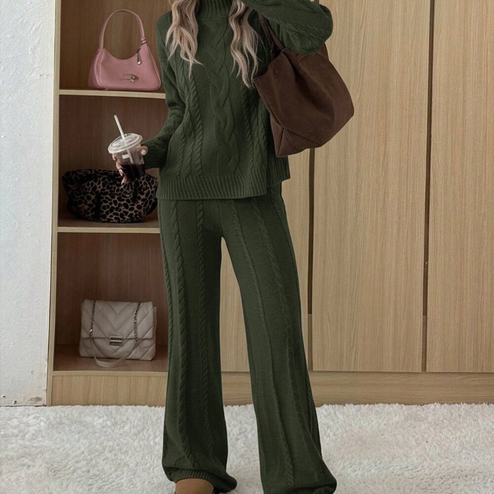 Army Green Casual Women's Crew Neck Long Sleeve Sweater And Pants Set - Picture 3 of 5